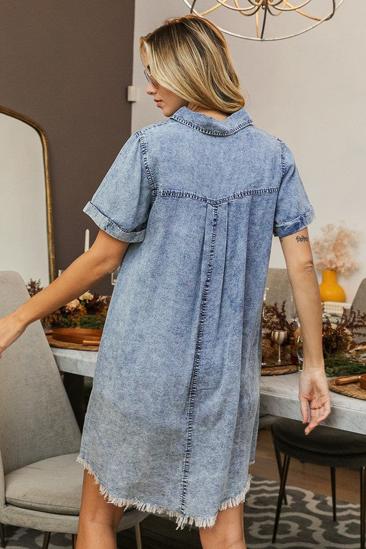 Frayed Hem Half Buttoned Vintage Washed Dress