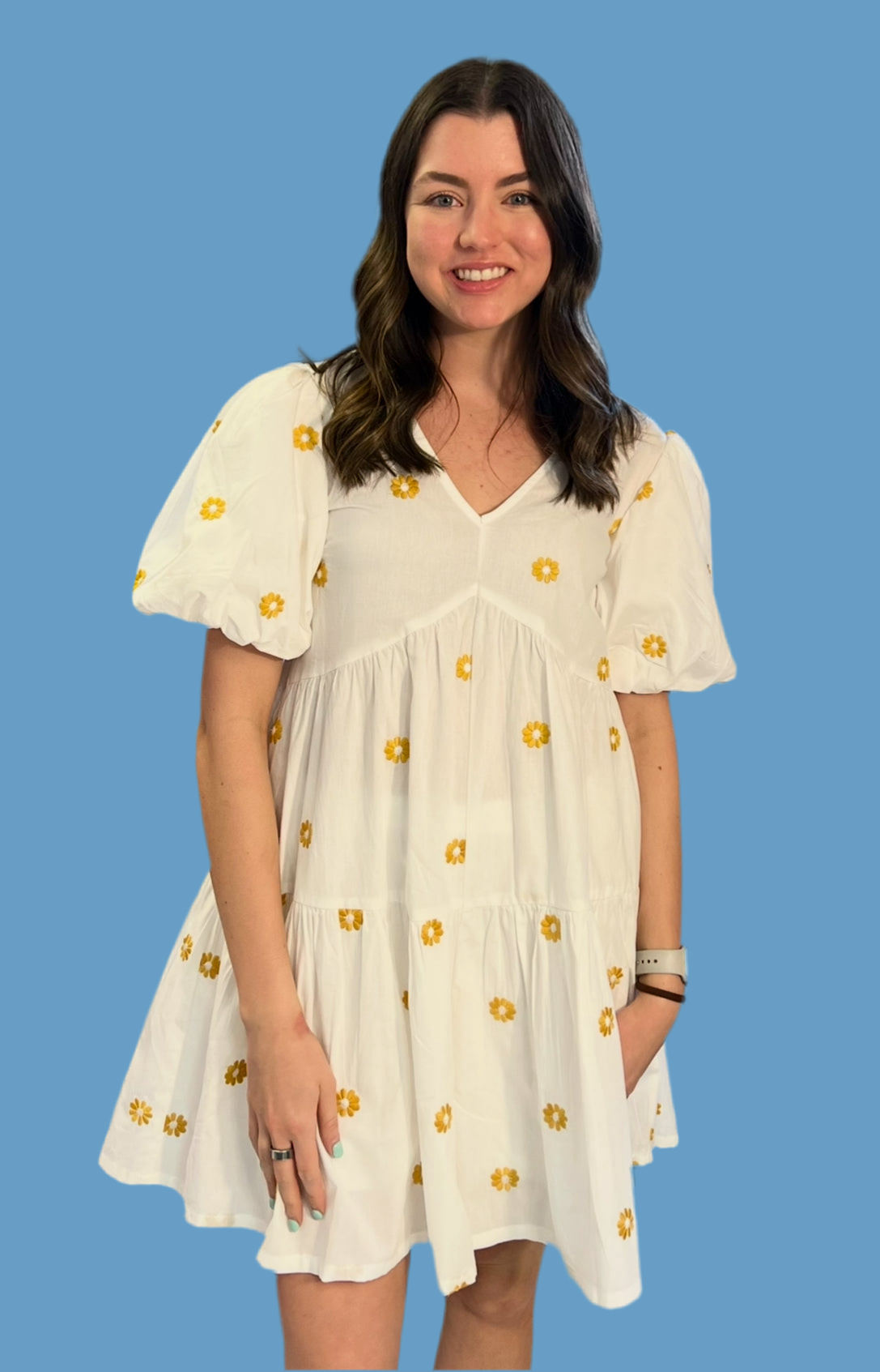 Daisy Floral Puff Sleeve Tiered Romper