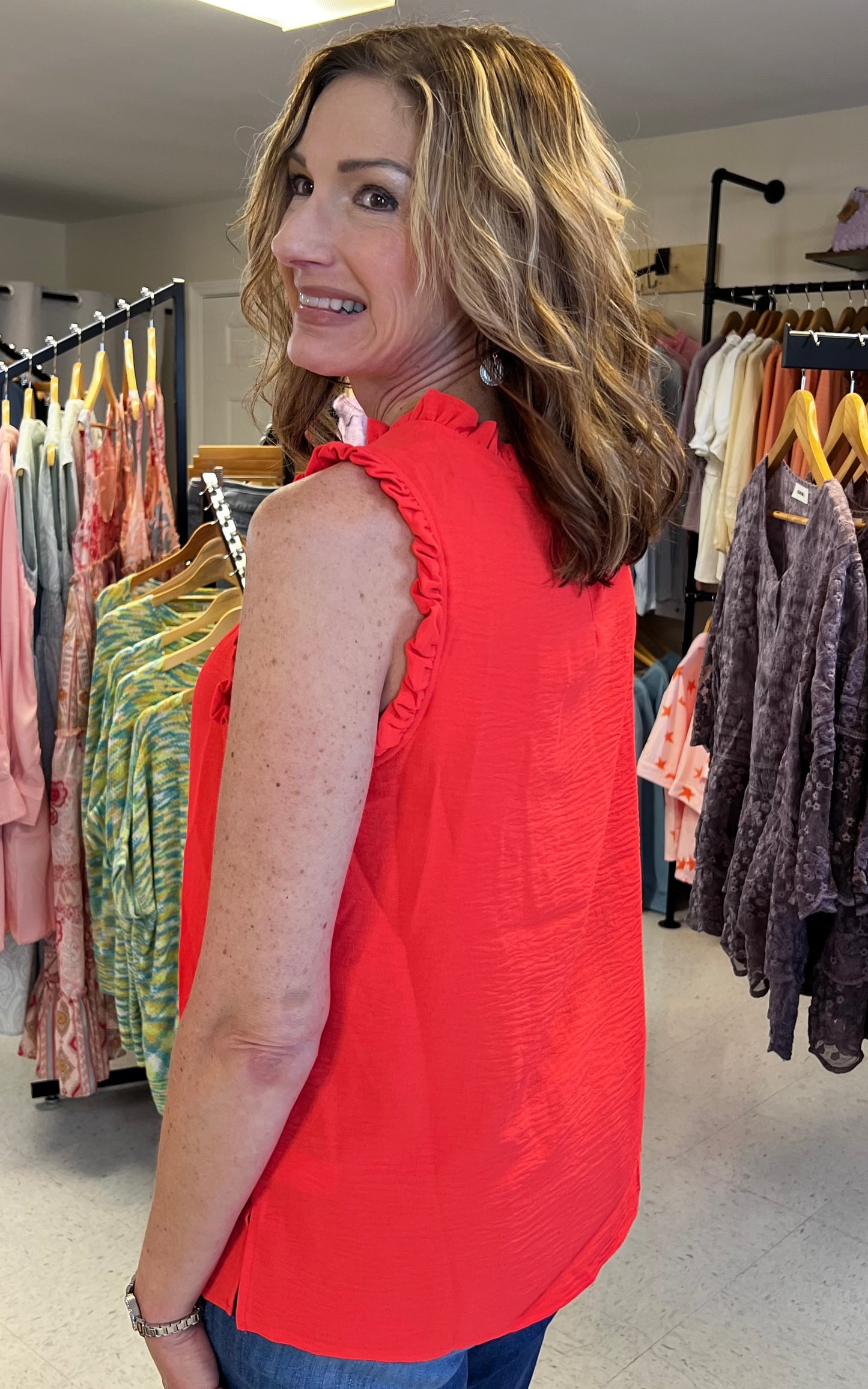 Solid Mock Neck with Ruffle Sleeveless Top