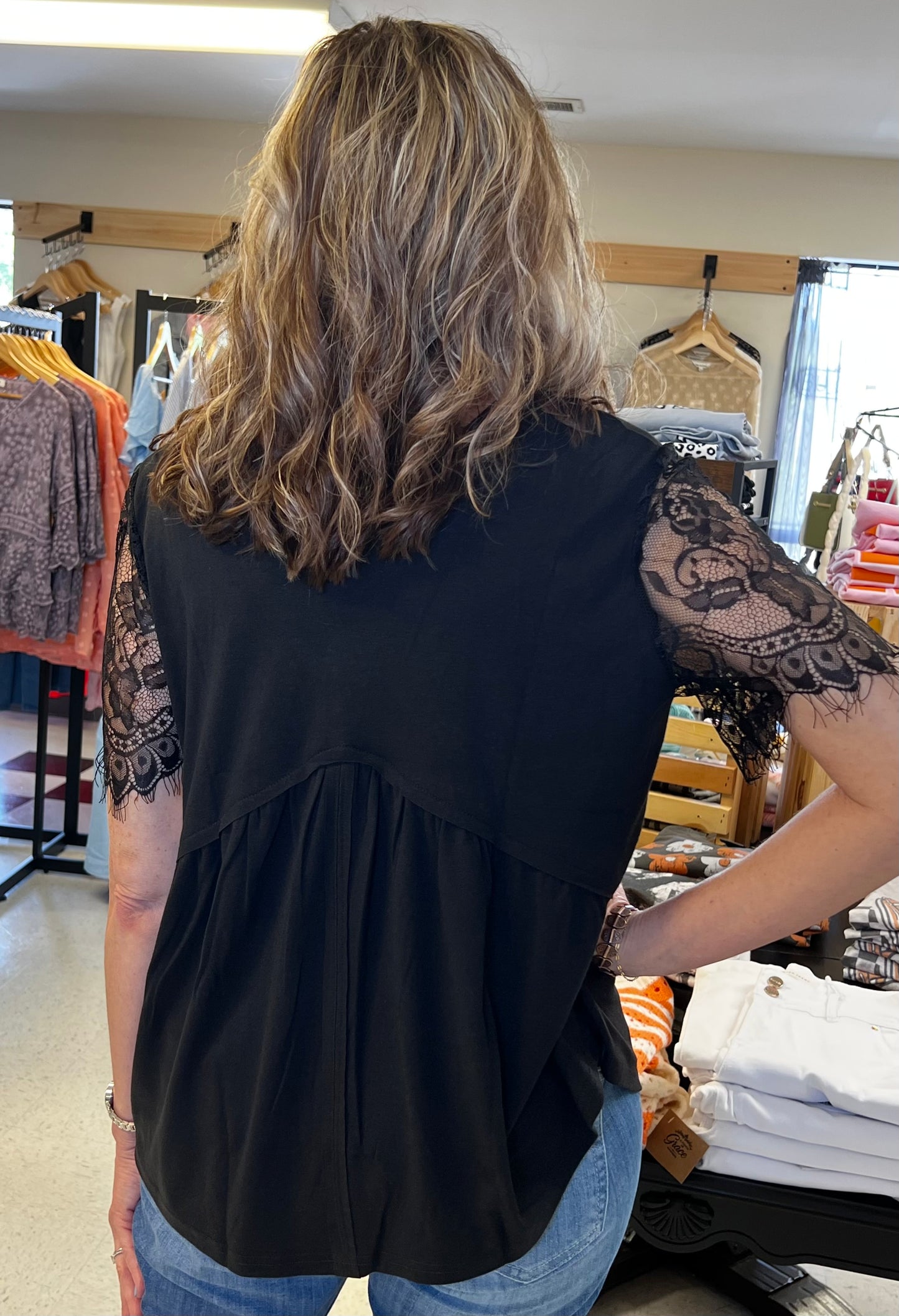 Eyelash Lace Sleeve V-Neck Ruffle Top