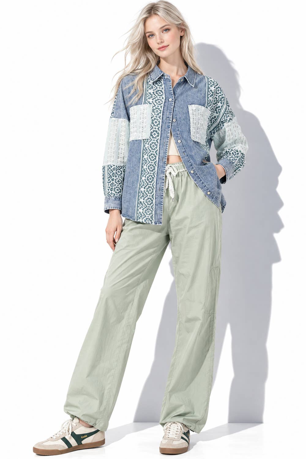 NT12456-Oversized Washed Denim Shirt Top W/ Cont Fabric