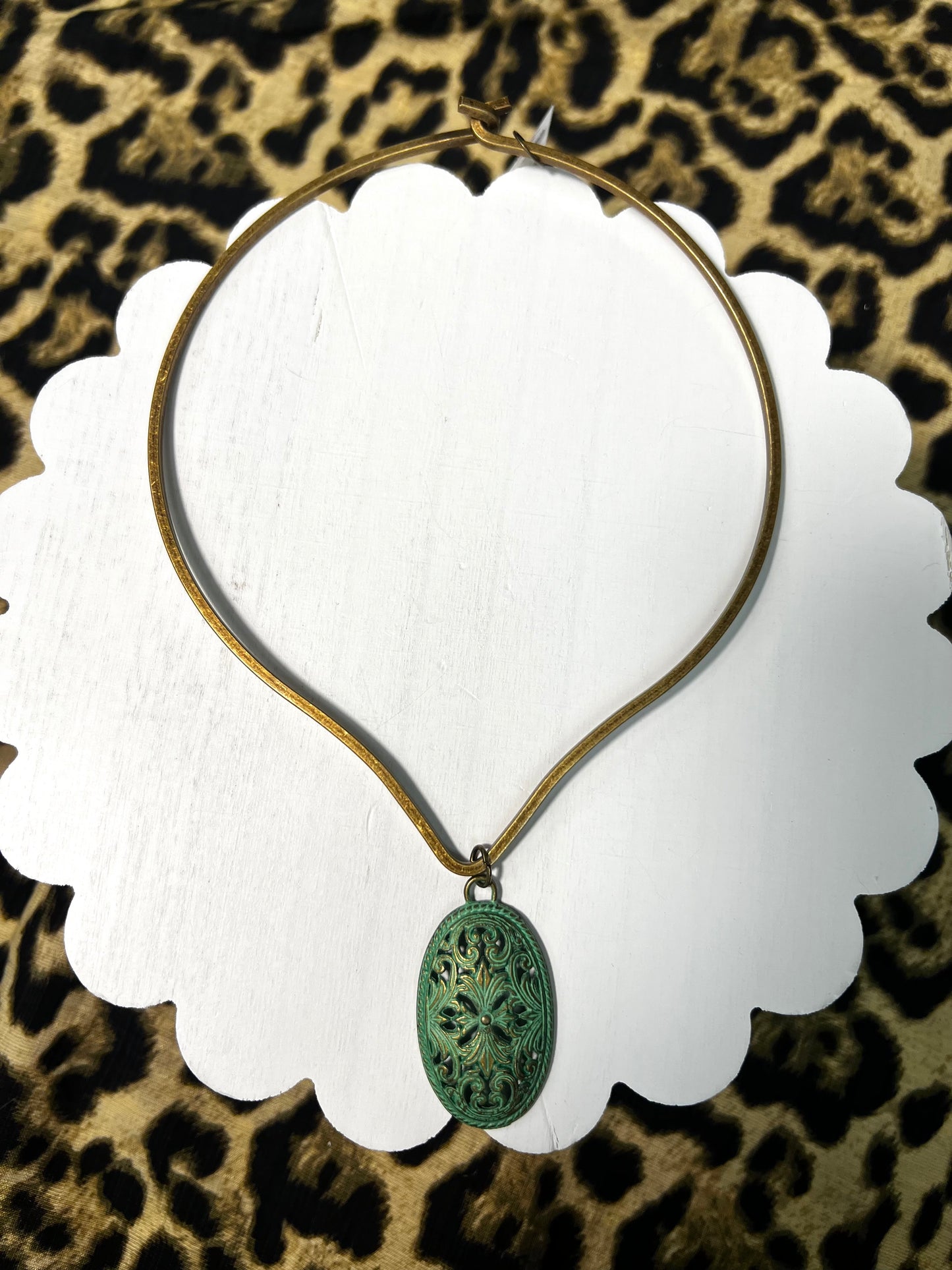 Brass Choker with Green Patina Oval Pendant