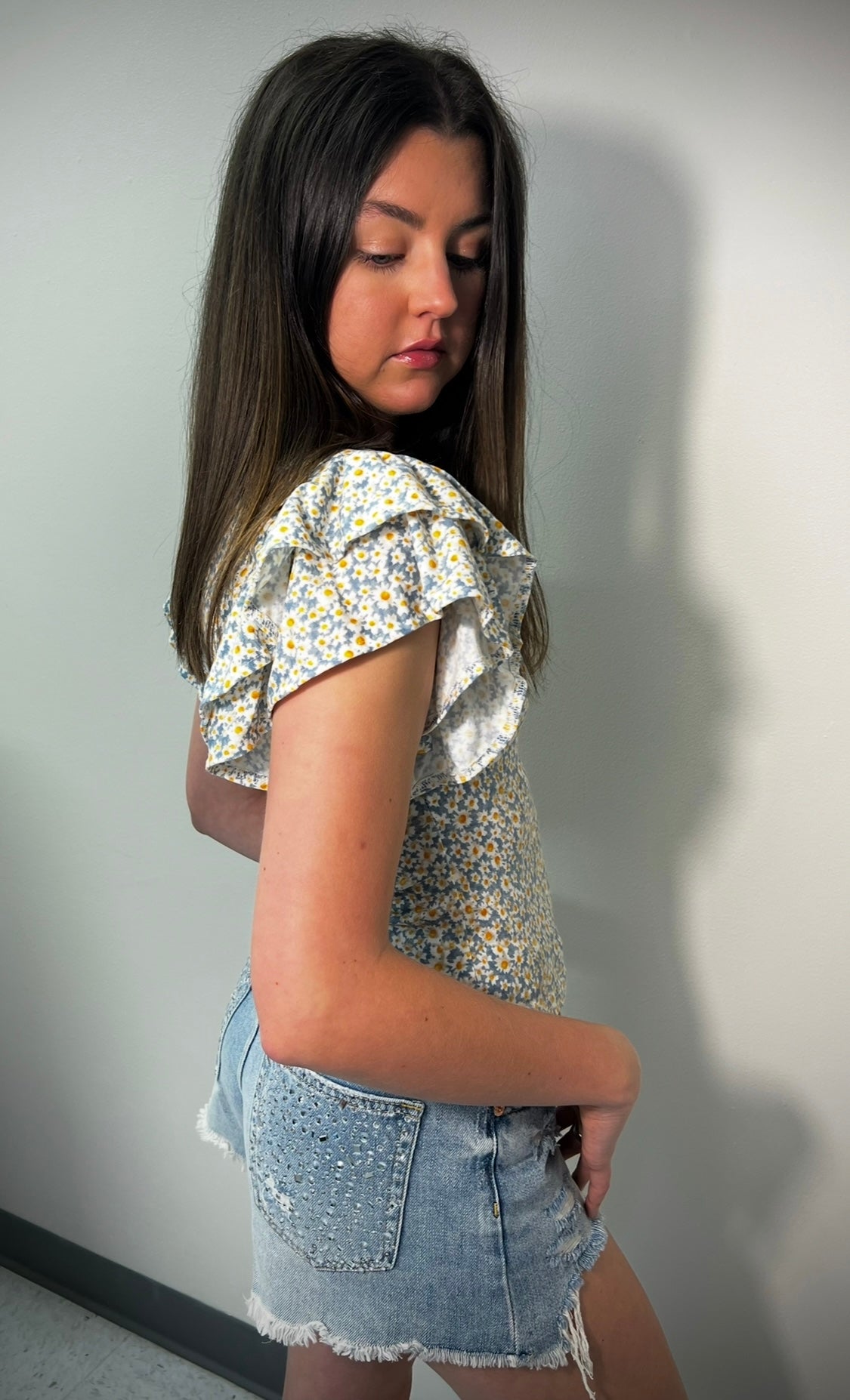 Floral Print Ruffle Sleeves Knit Top