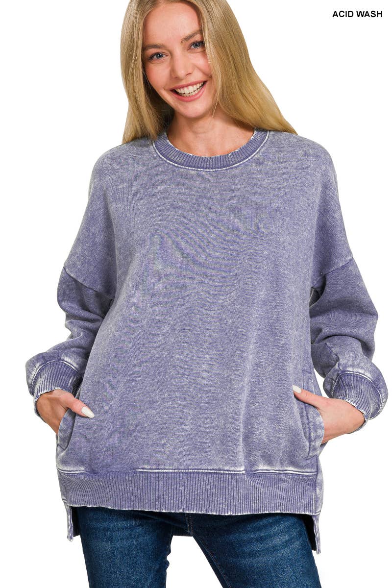 `Fleece Hi-low Sweatshirt With Pockets (Solid/Washed)