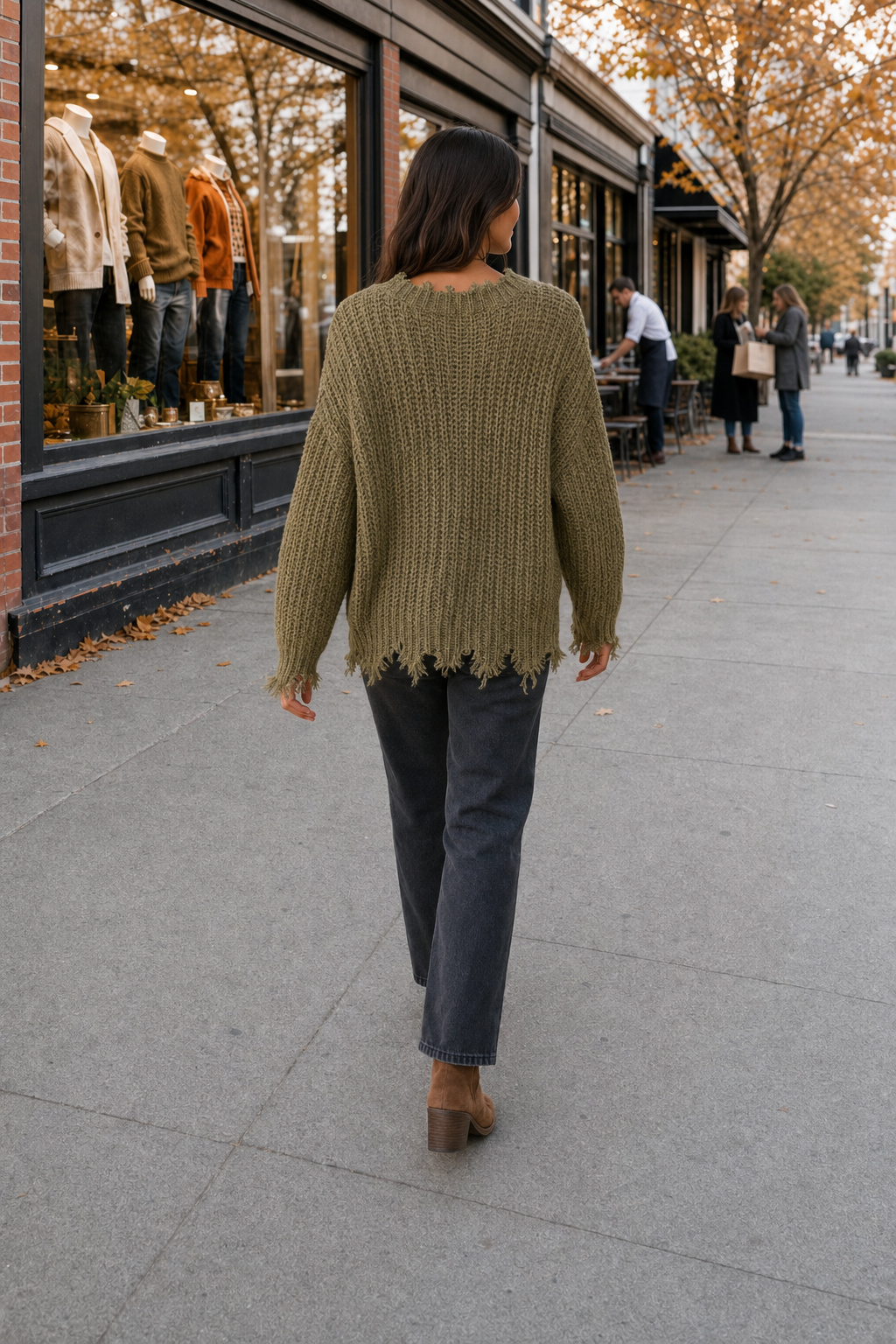 9045 Olive Distressed Hem Chunky Knit Sweater