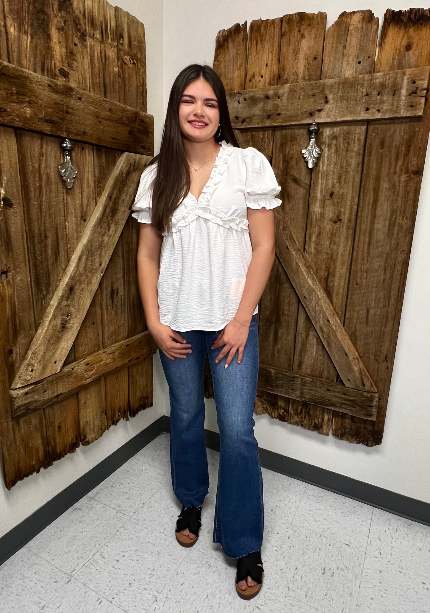 Solid Ruffled Deep V-Neck Puff Sleeve Babydoll Top