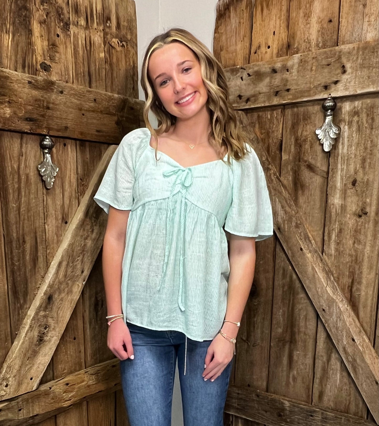 Thin Striped Puff Sleeve with Tie Front