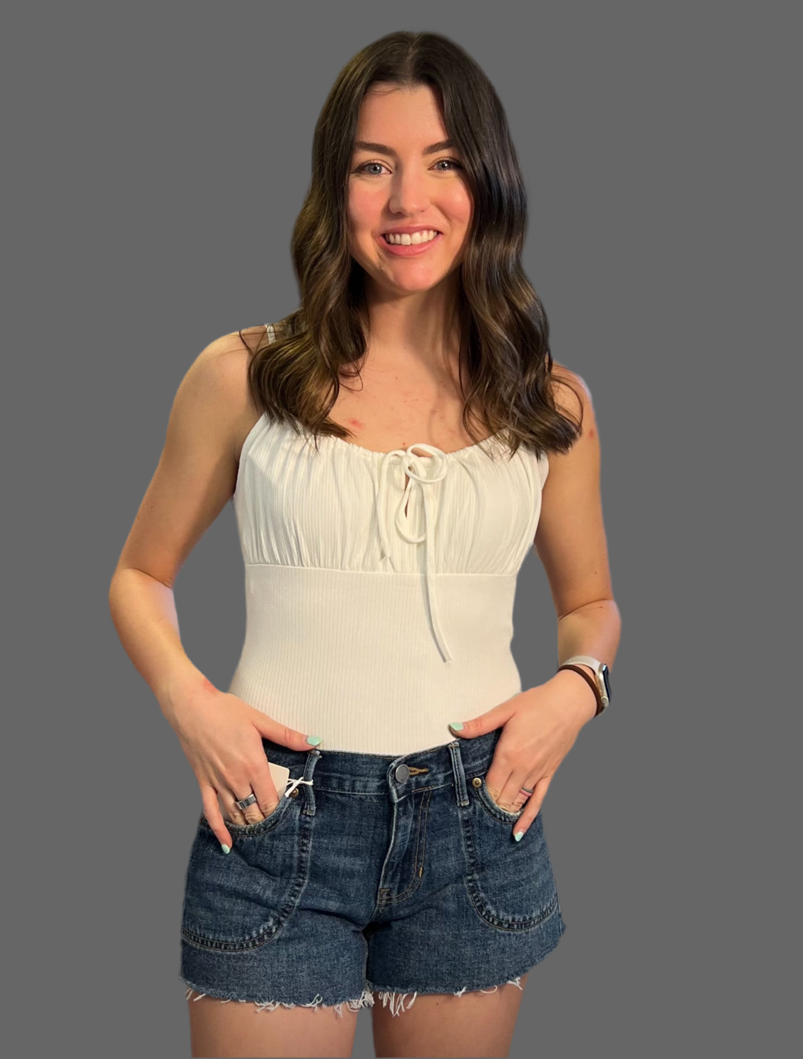 Rib Knit Ruched Cami Bodysuit w/ Snap Closure