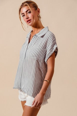 Denim Stripe Shirt with Front Pocket