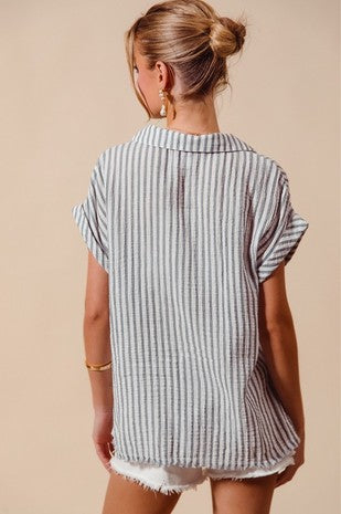 Denim Stripe Shirt with Front Pocket