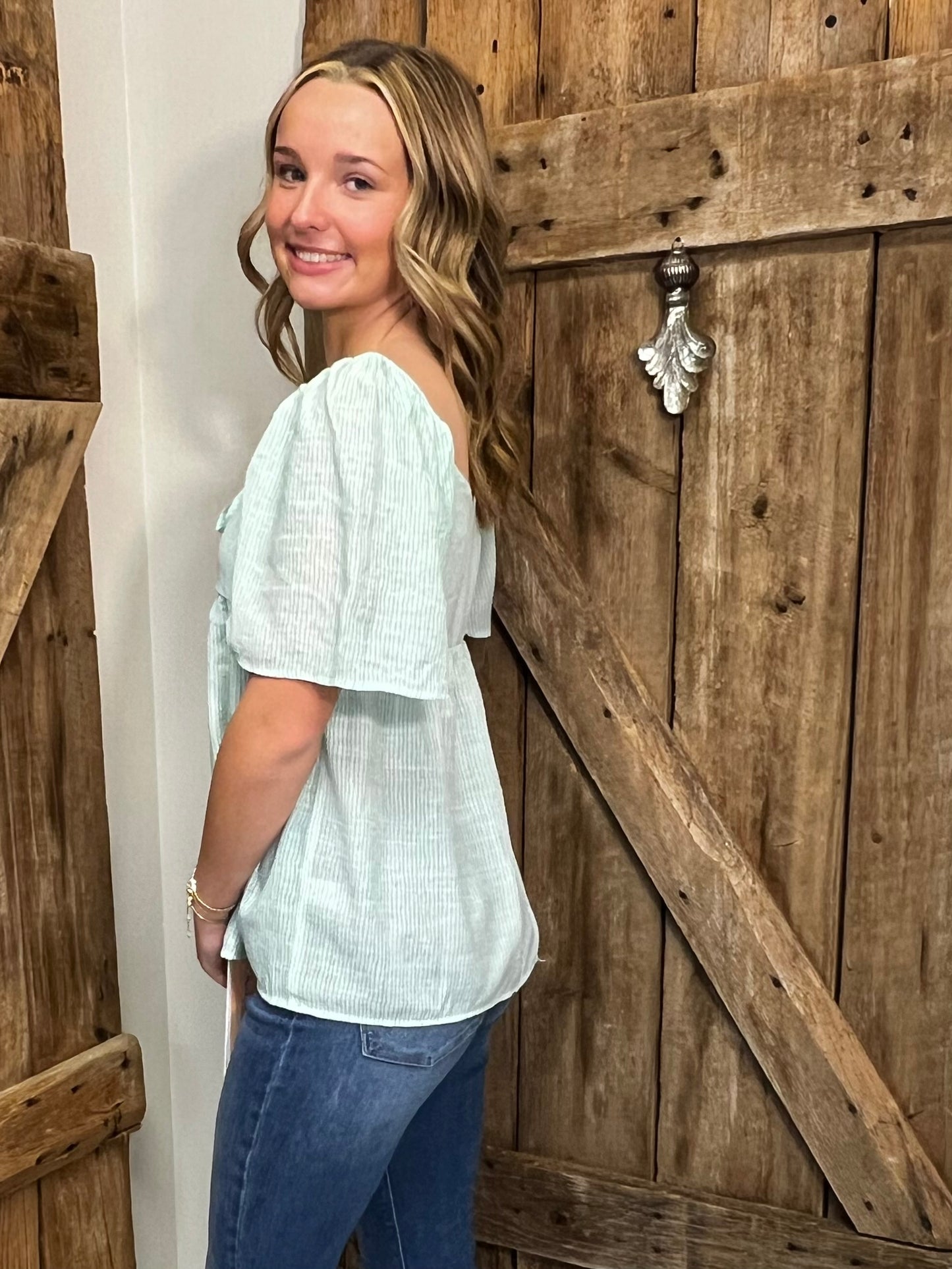 Thin Striped Puff Sleeve with Tie Front
