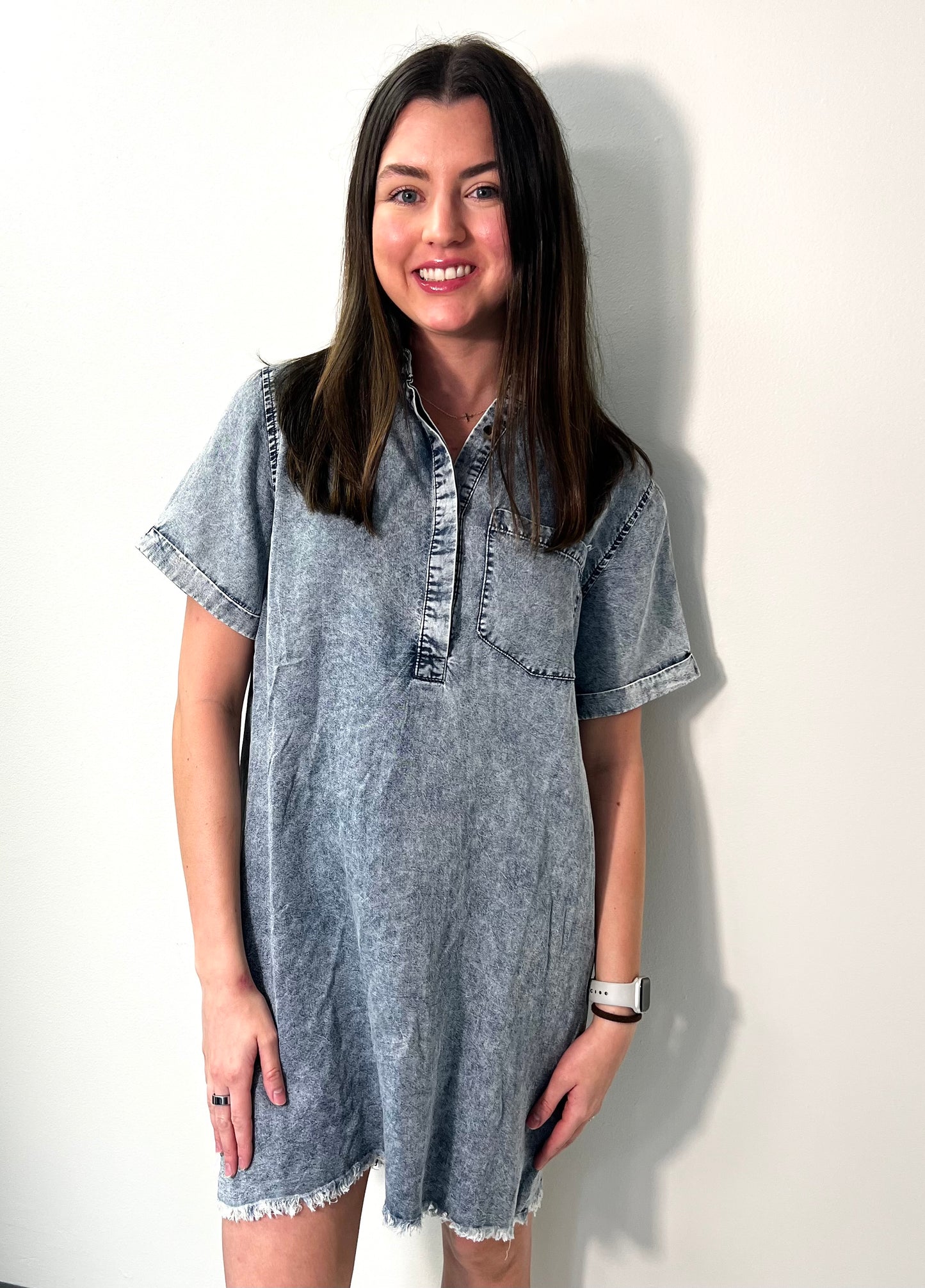 Frayed Hem Half Buttoned Vintage Washed Dress