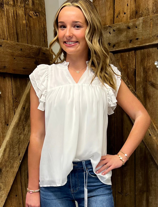 Solid Ruffled Sleeve V-Neck Baby Doll Short Sleeve Top