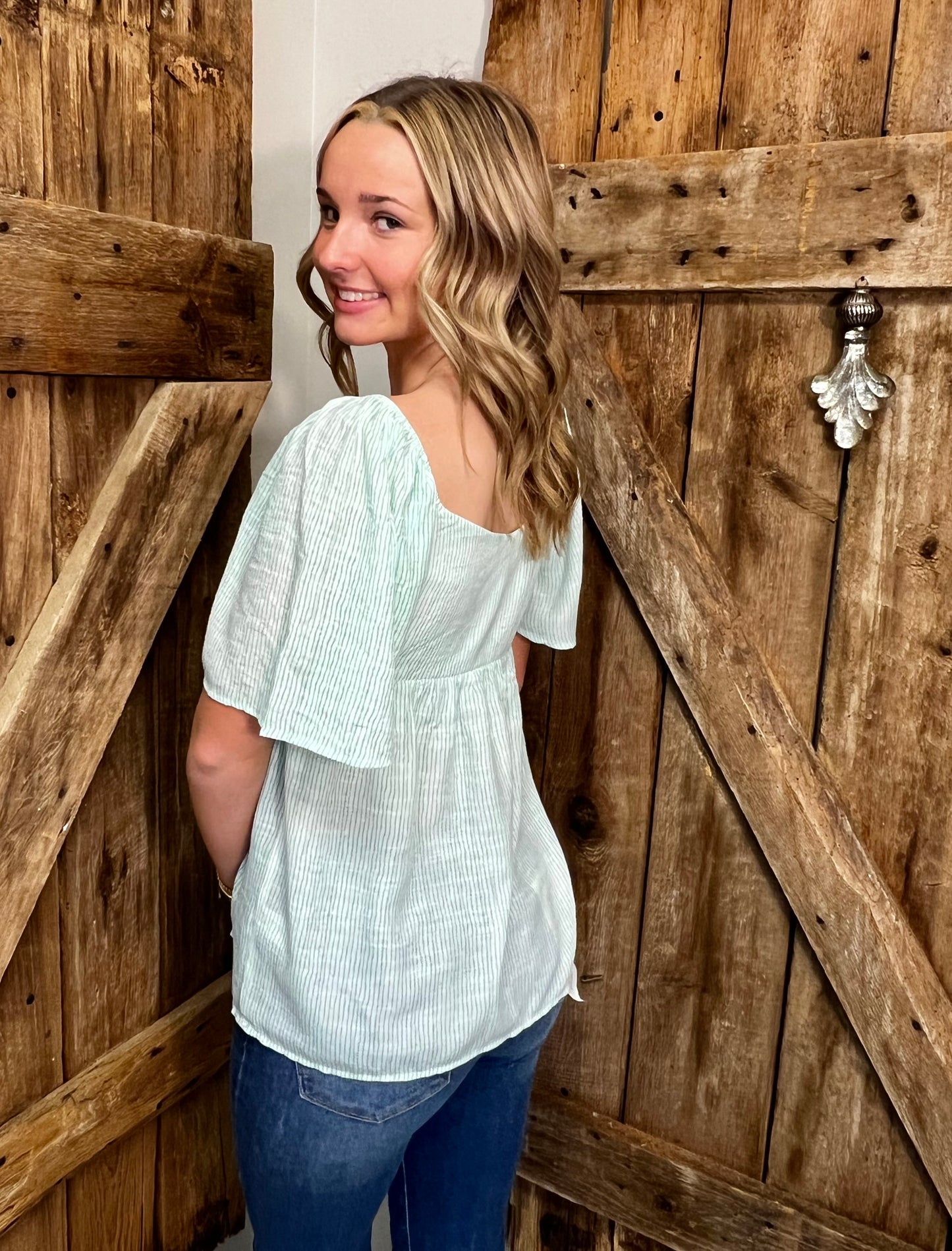 Thin Striped Puff Sleeve with Tie Front