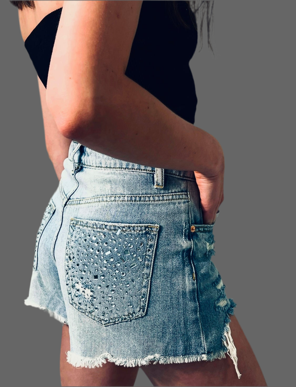 Distressed Denim Shorts with Rhinestone Pockets