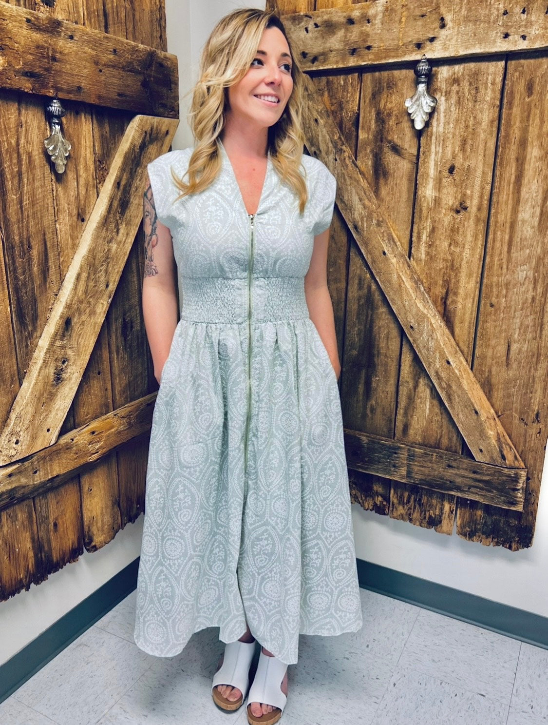 Smocked Waist Zip Eyelet Dress