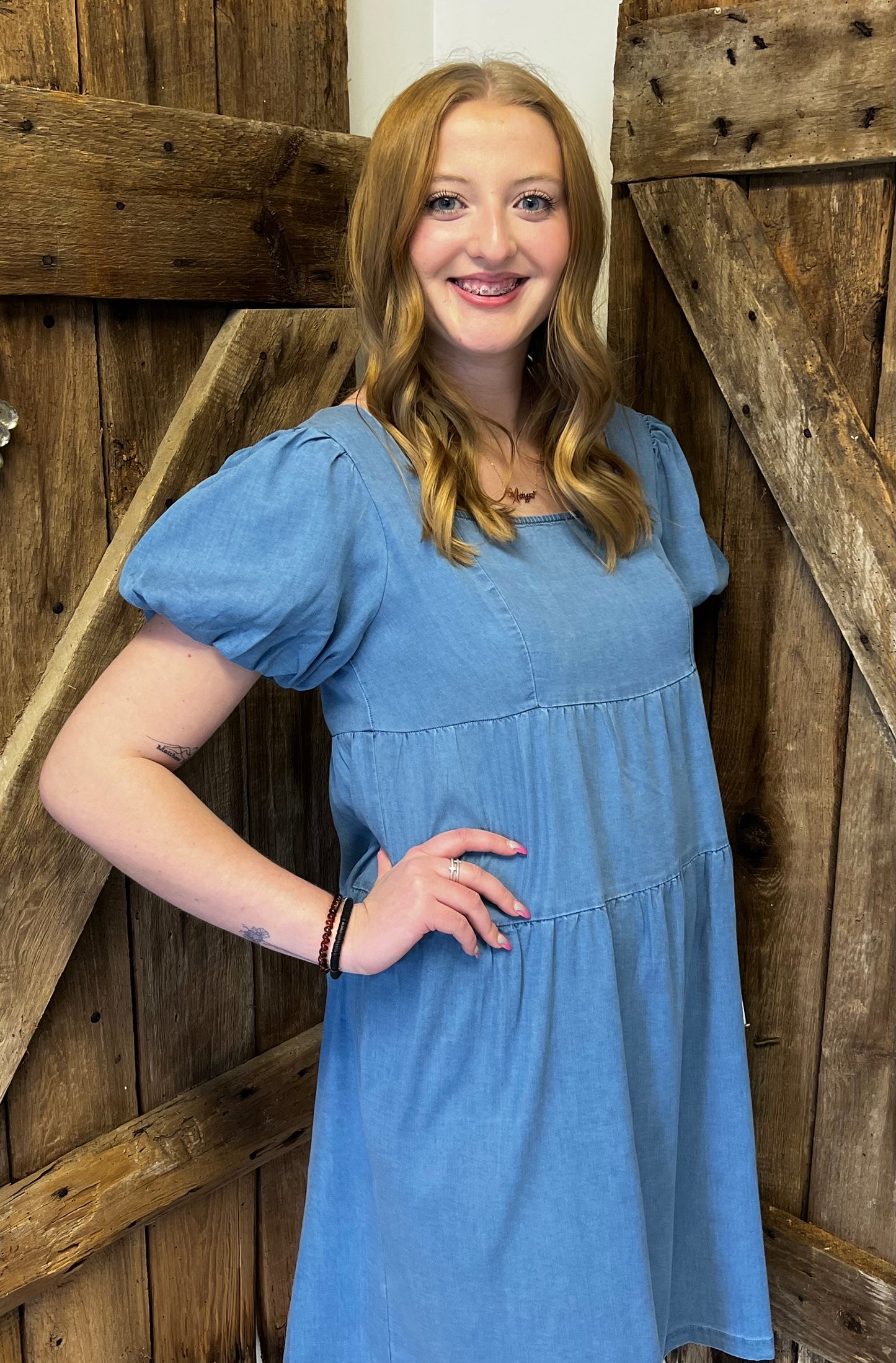 Princess Sleeve Washed Denim Dress
