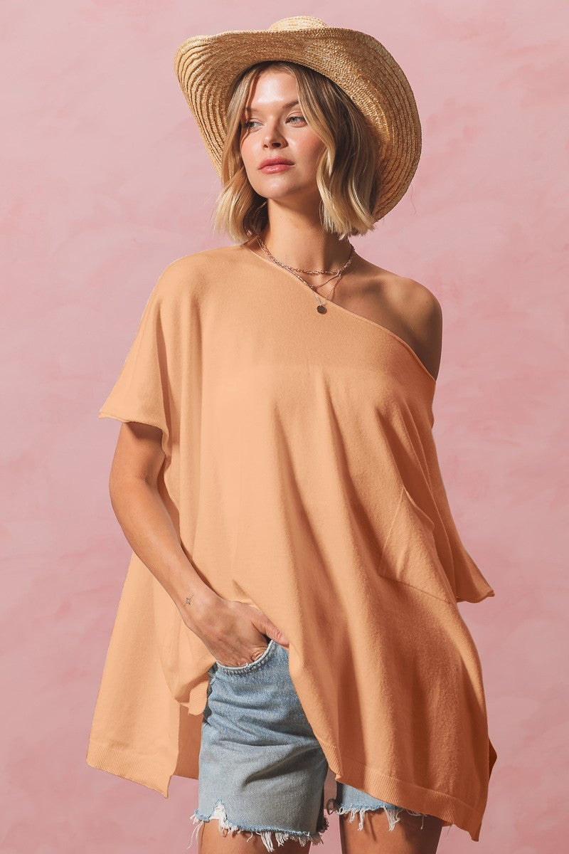 Wide Boat Neck Oversized Knit Top With Side Slits