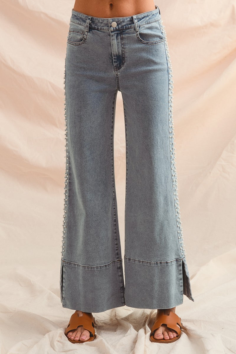Mid Rise Denim Jeans With Side Pearl Embellishment