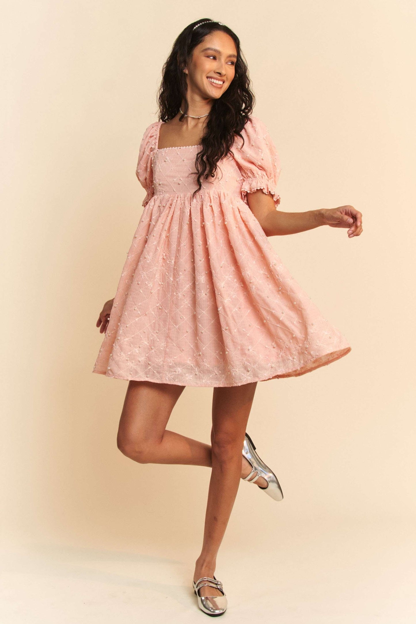 Texture Flower Ballon Sleeve Ribbon Mini Dress