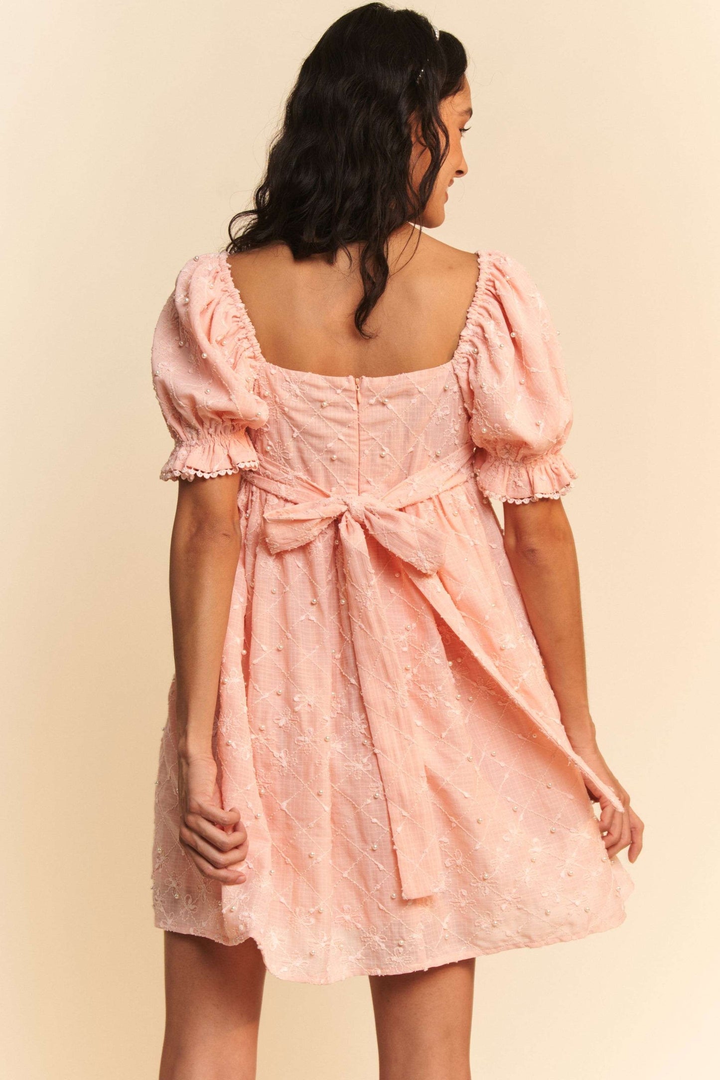 Texture Flower Ballon Sleeve Ribbon Mini Dress