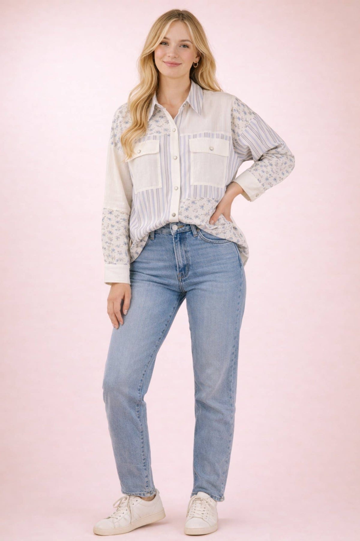 NT12471-Floral & Stripe Oversized Shacket Jacket