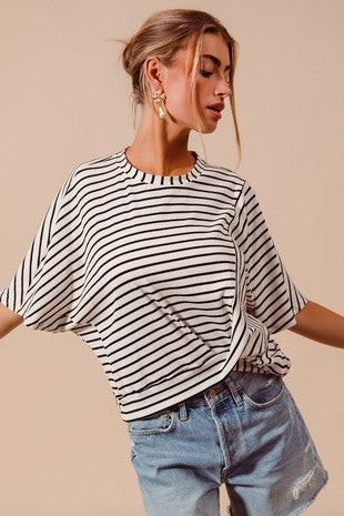 Stripe Asymmetric Knotted Hem Loose Fit Knit Top