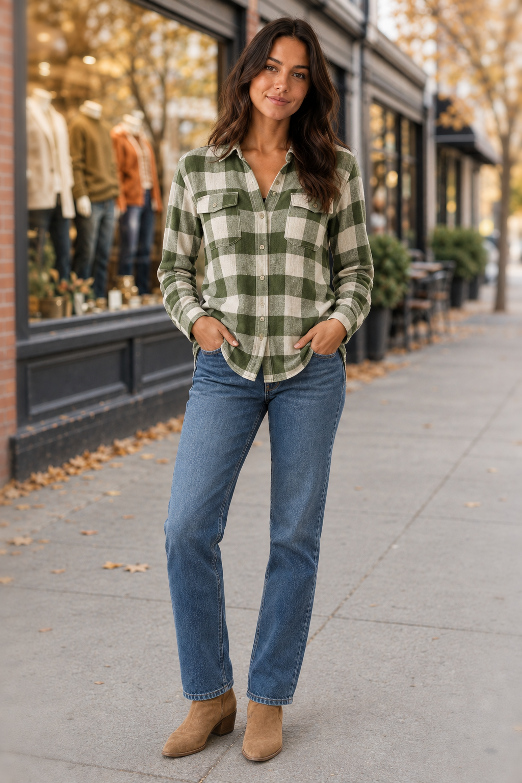 10225 Olive Lightweight Plaid Button Down Top