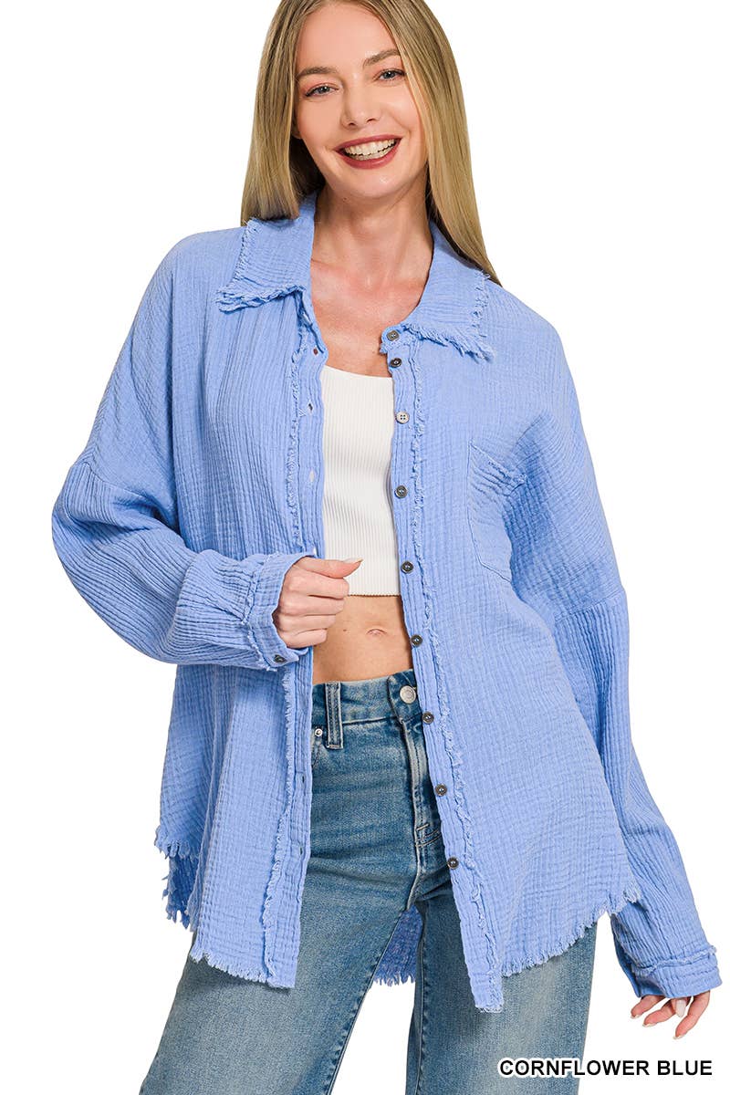 `Oversized Raw Edge Shirt W/ Back Patch Zenana