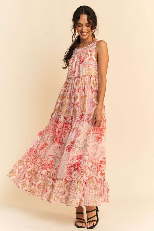 GEO Floral Mix Sleeveless Tiered Maxi Dress