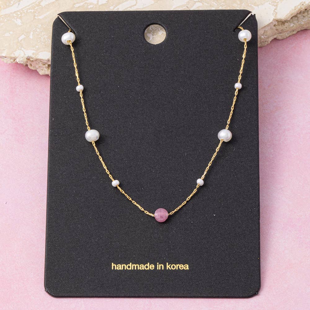 Pearl Station Chain Necklace With Stone Bead