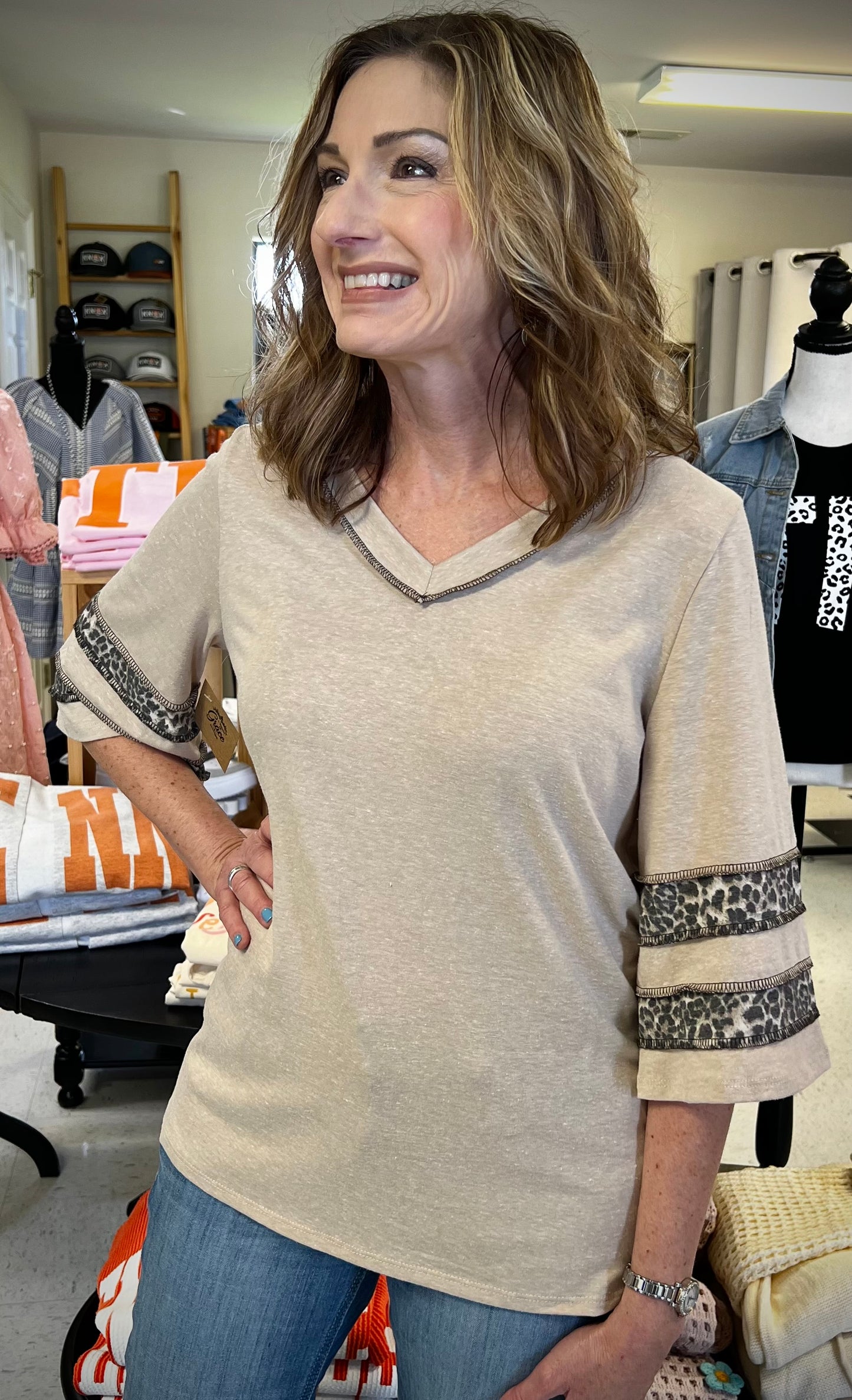 TRIBLEND KNIT WITH LEOPARD BAND DETAIL