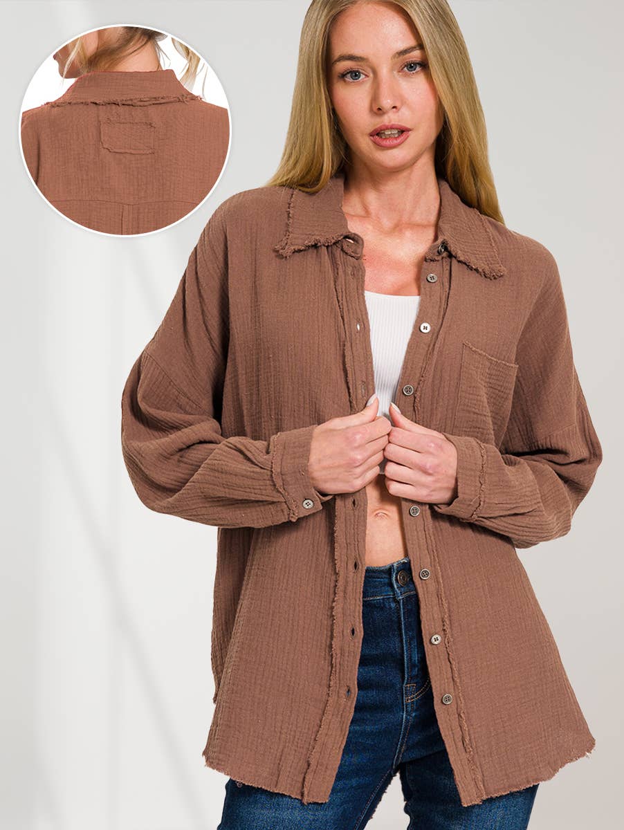 `Oversized Raw Edge Shirt W/ Back Patch Zenana