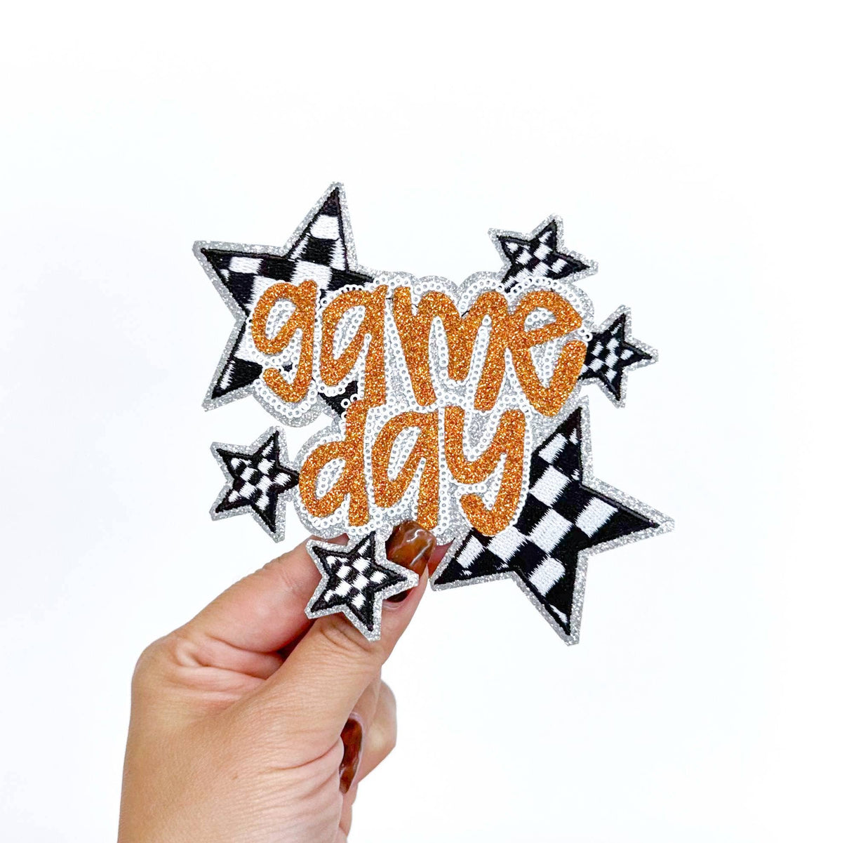 Orange Game Day Checkered Star Sequin Glitter Patch 