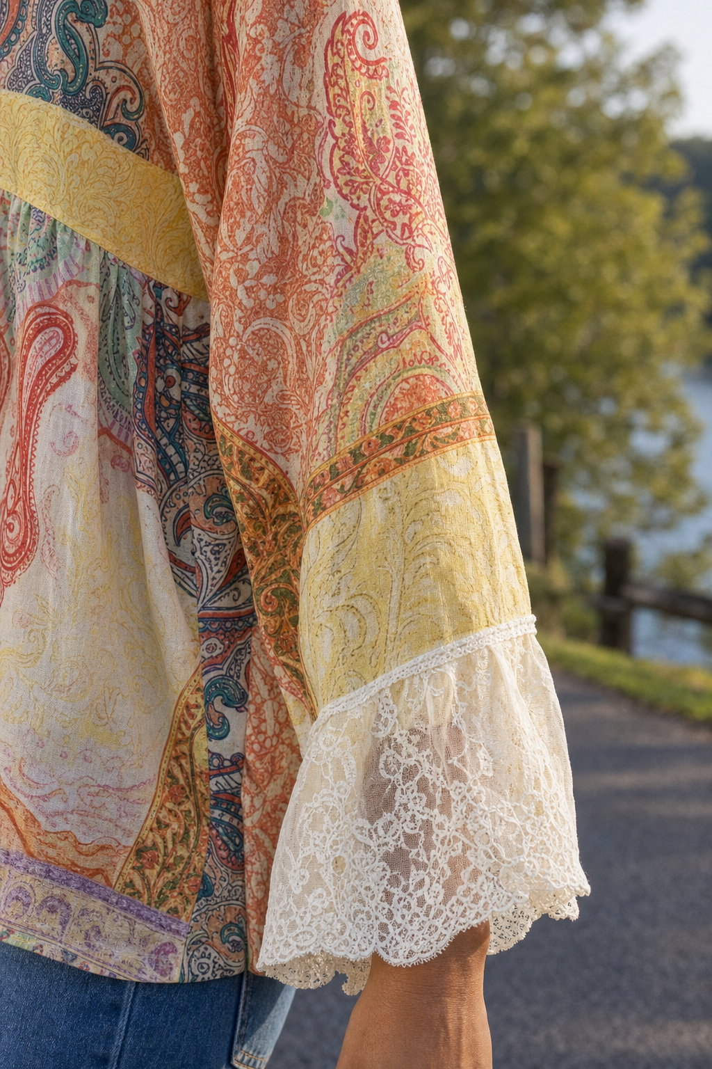 102 Yellow Paisley Print Lace-Trim Boho Top