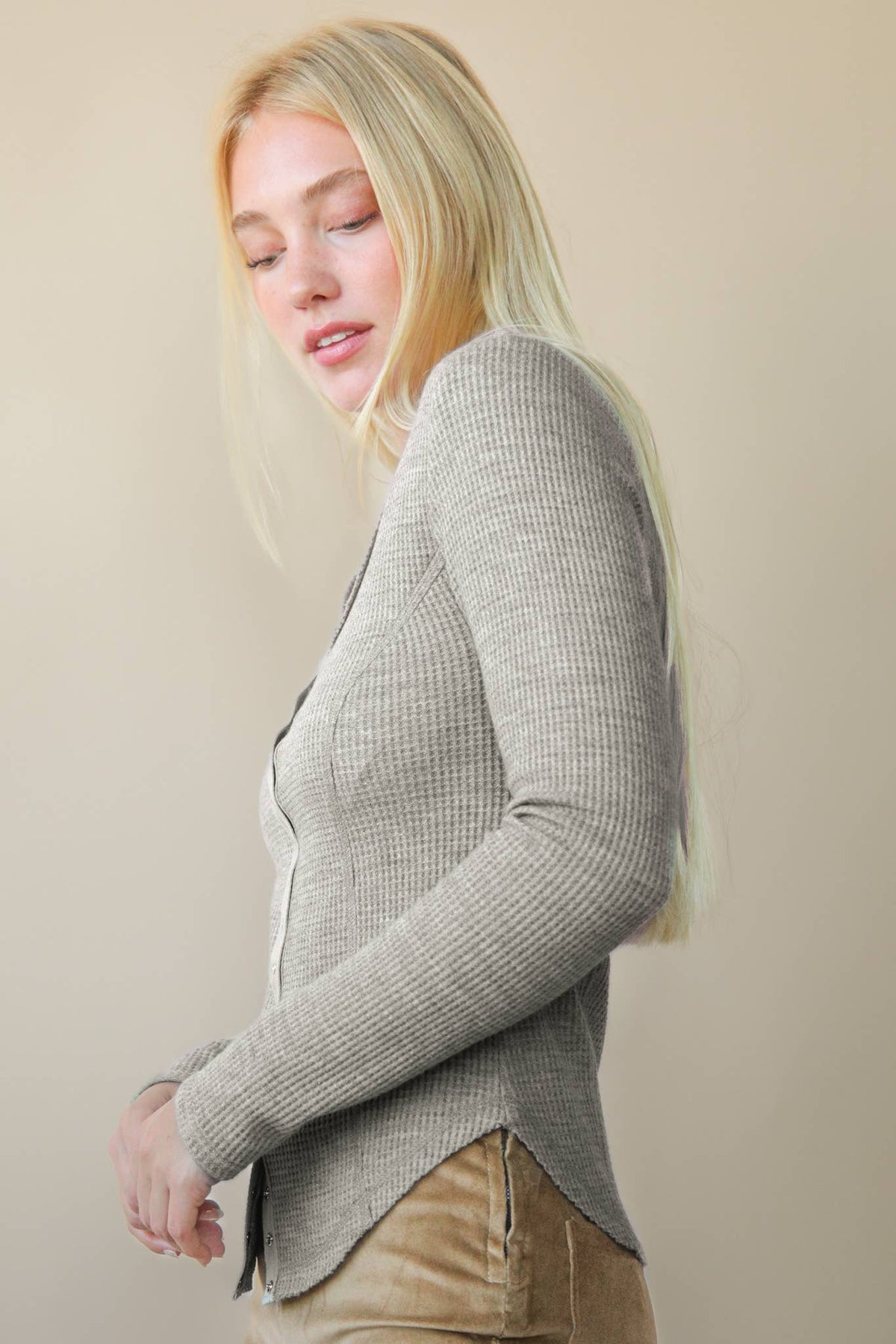 NT12243-Button Down Fitted Knit Casual Top