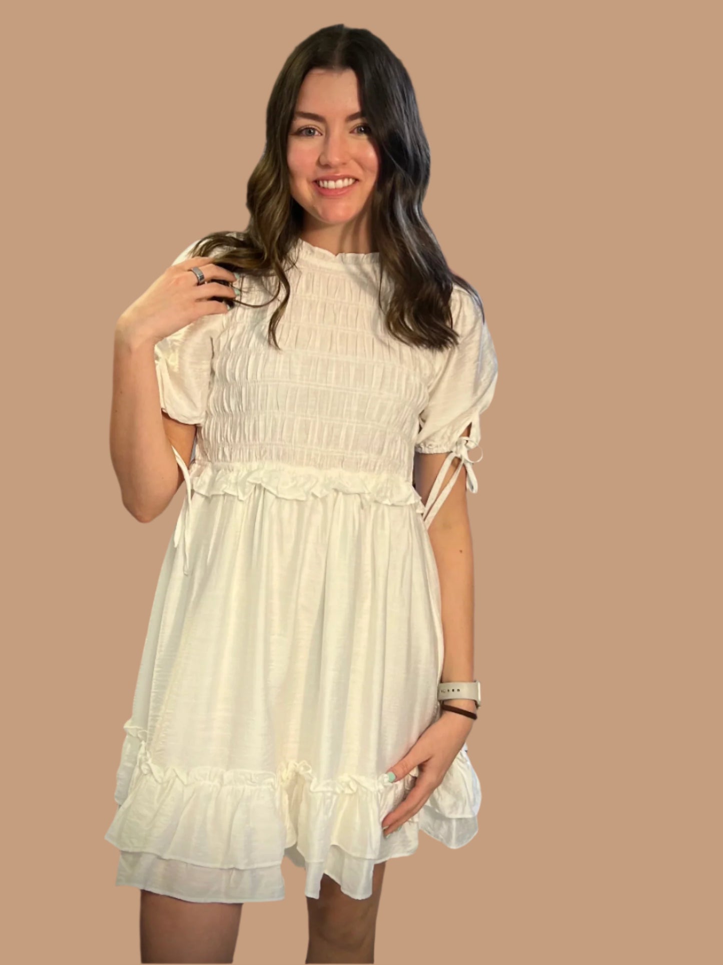 Tie Short Sleeves Smocked Ruffle Mini Dress