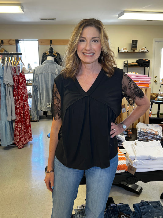 Eyelash Lace Sleeve V-Neck Ruffle Top