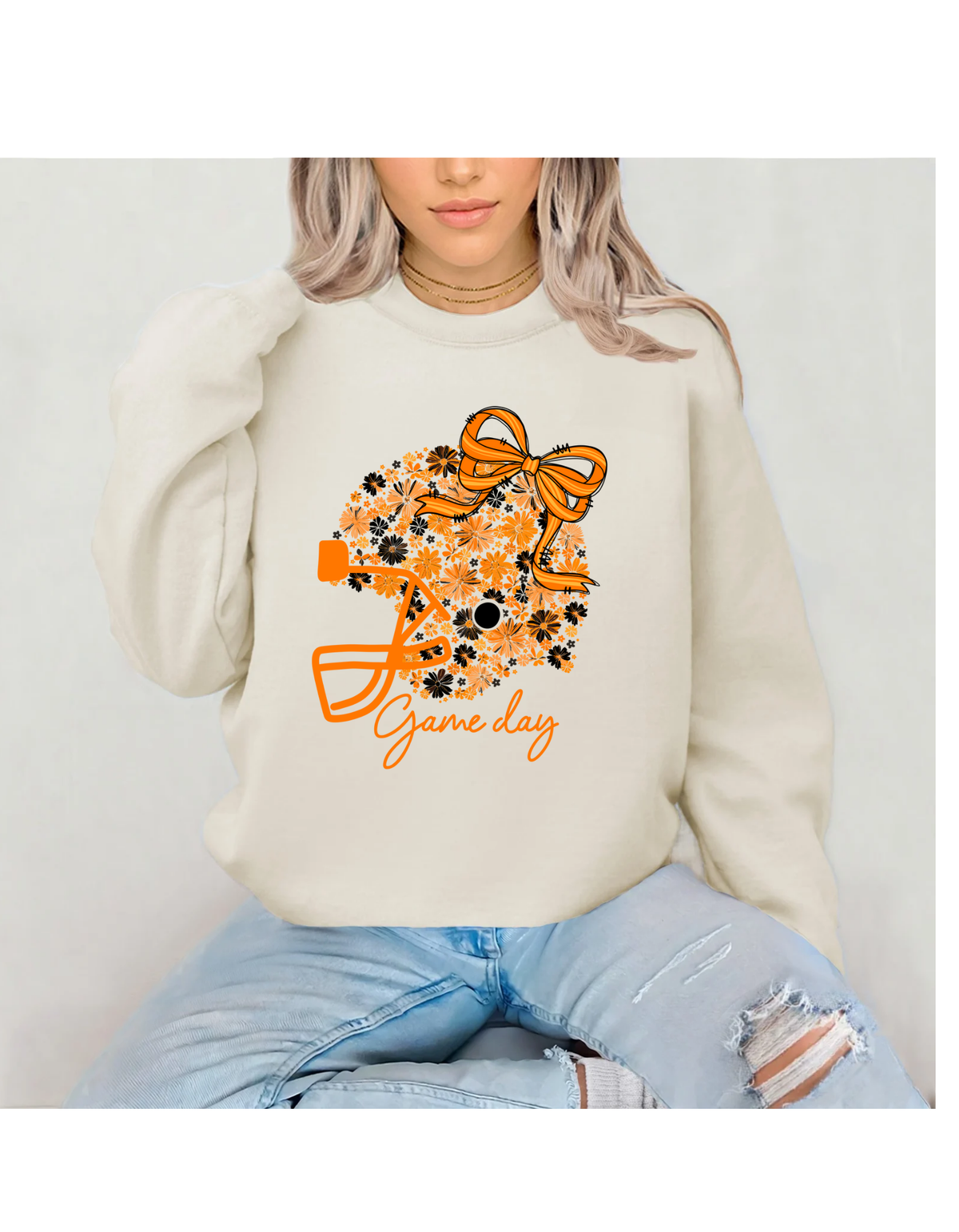 Game day orange coquette helmet graphic sweatshirt