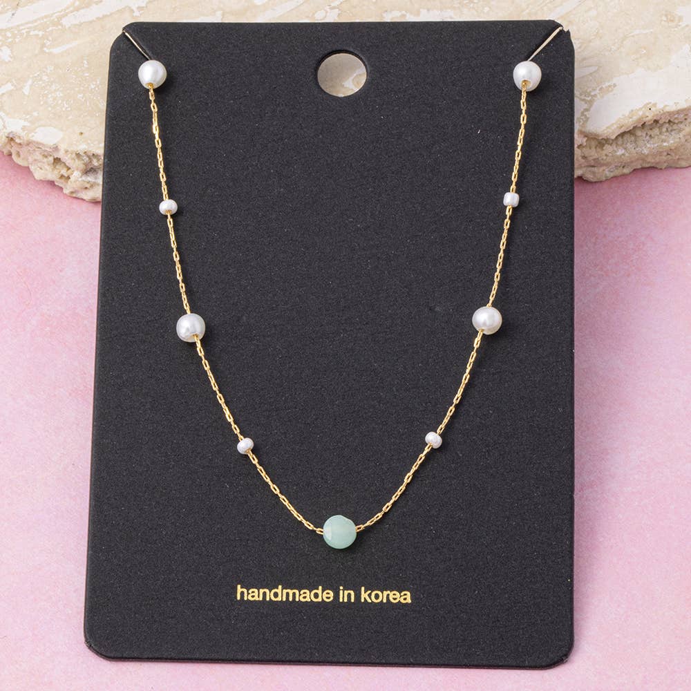 Pearl Station Chain Necklace With Stone Bead