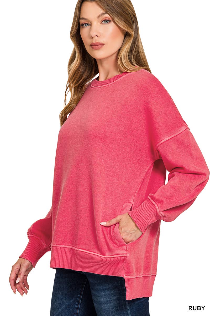 `Fleece Hi-low Sweatshirt With Pockets (Solid/Washed)