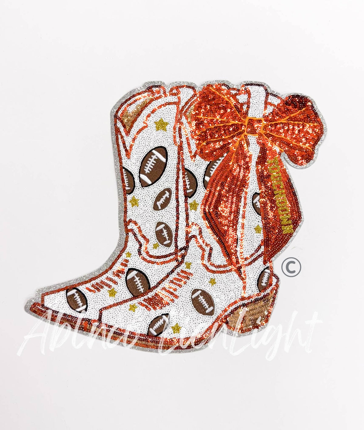 Football Touchdown Star Orange Bow Boot Sequin Patch - Large