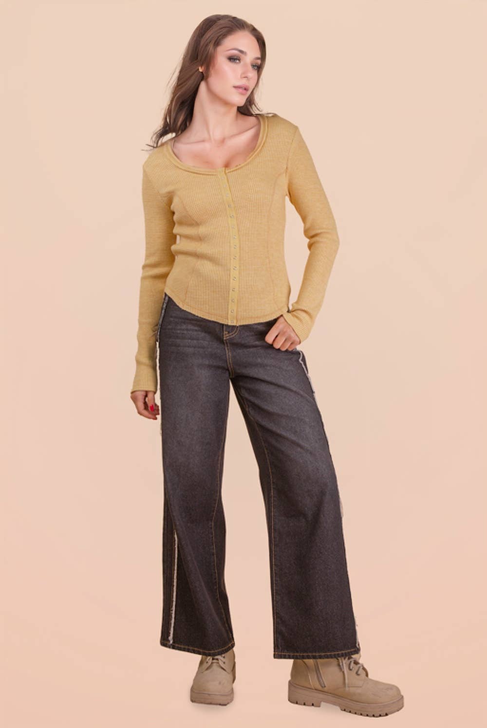 NT12243-Button Down Fitted Knit Casual Top
