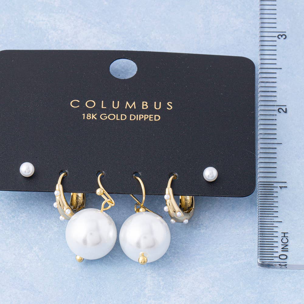 18K Gold Dipped Three Pair Pearl Earring Set