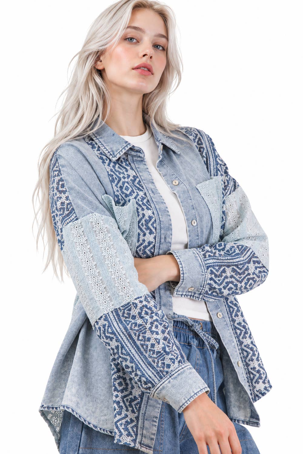 NT12456-Oversized Washed Denim Shirt Top W/ Cont Fabric