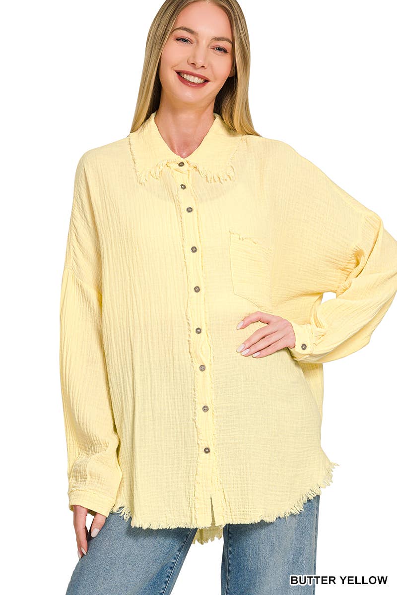 `Oversized Raw Edge Shirt W/ Back Patch Zenana