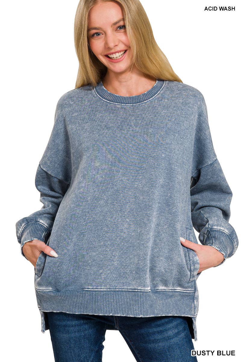 `Fleece Hi-low Sweatshirt With Pockets (Solid/Washed)