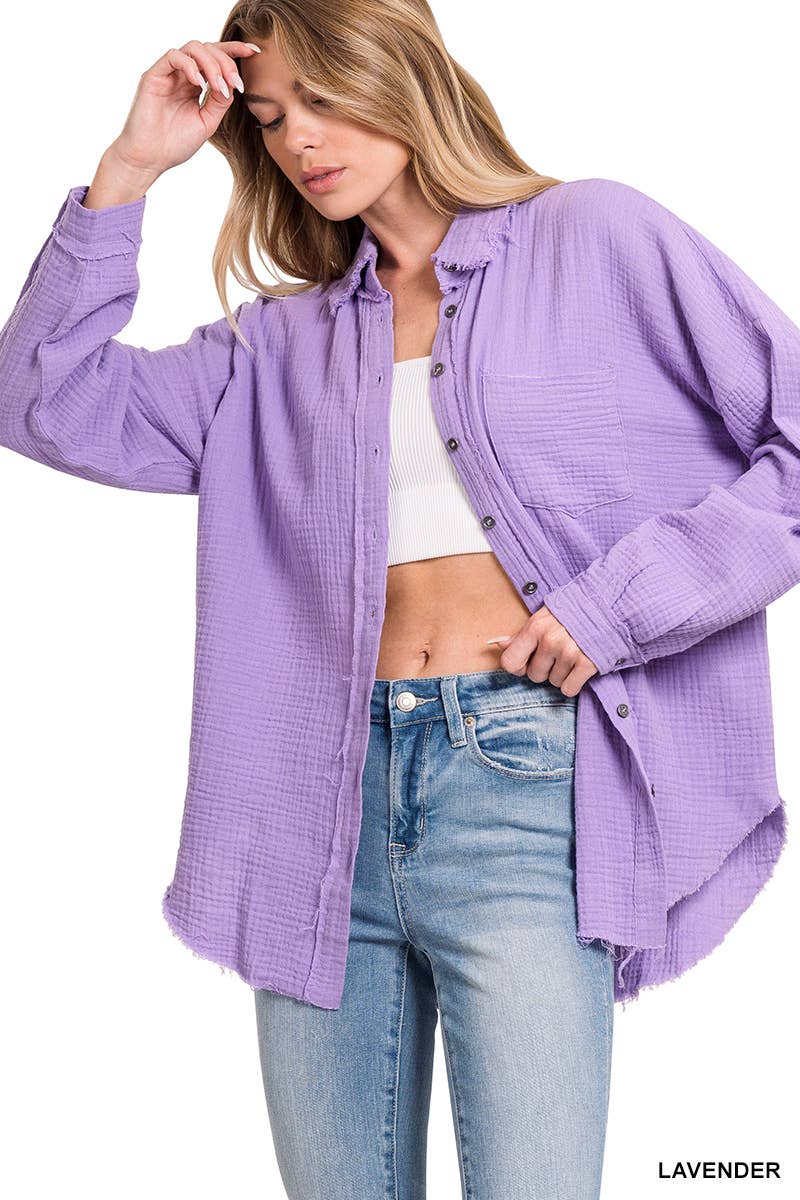 `Oversized Raw Edge Shirt W/ Back Patch Zenana