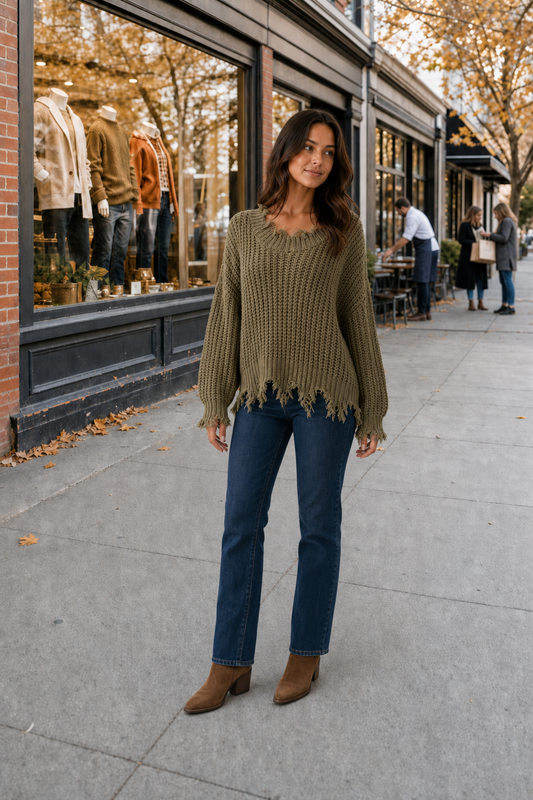 9045 Olive Distressed Hem Chunky Knit Sweater