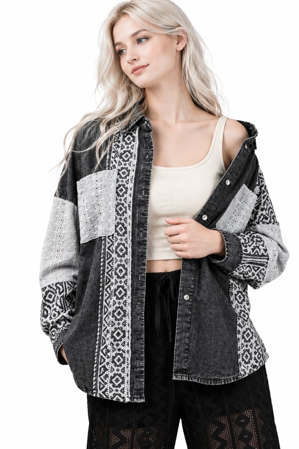 NT12456-Oversized Washed Denim Shirt Top W/ Cont Fabric
